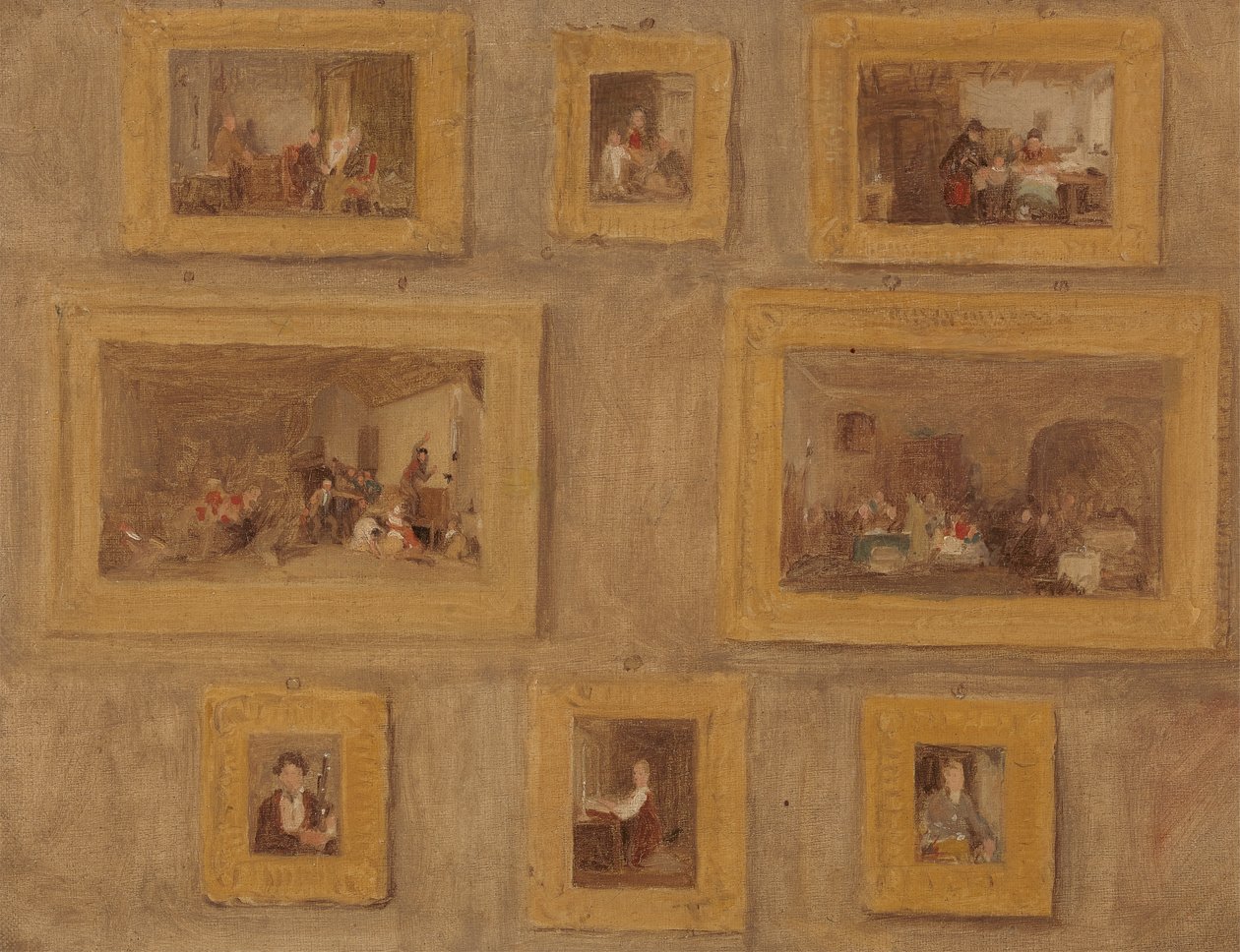 El hijo único; El arpa del judío; El dedo cortado; El búfalo del ciego; El día del alquiler; El gaitero escocés; El Prieu-Dieu; y Autorretrato: Boceto de los ocho cuadros enmarcados y colgados en la pared. de Sir David Wilkie