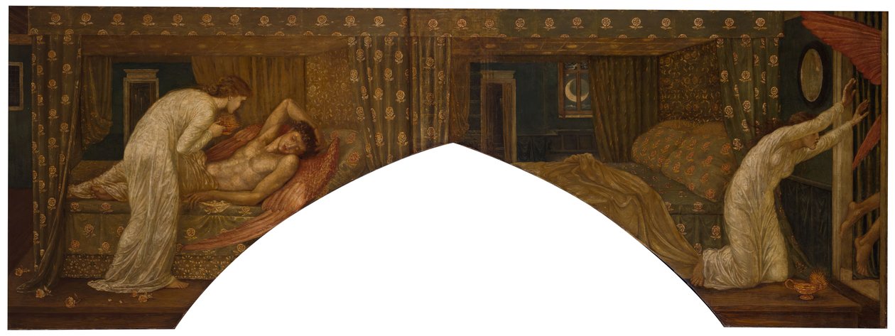Cupido y Psique - Murales de Palace Green - Psique sosteniendo la lámpara mira el rostro de... de Sir Edward Coley Burne Jones