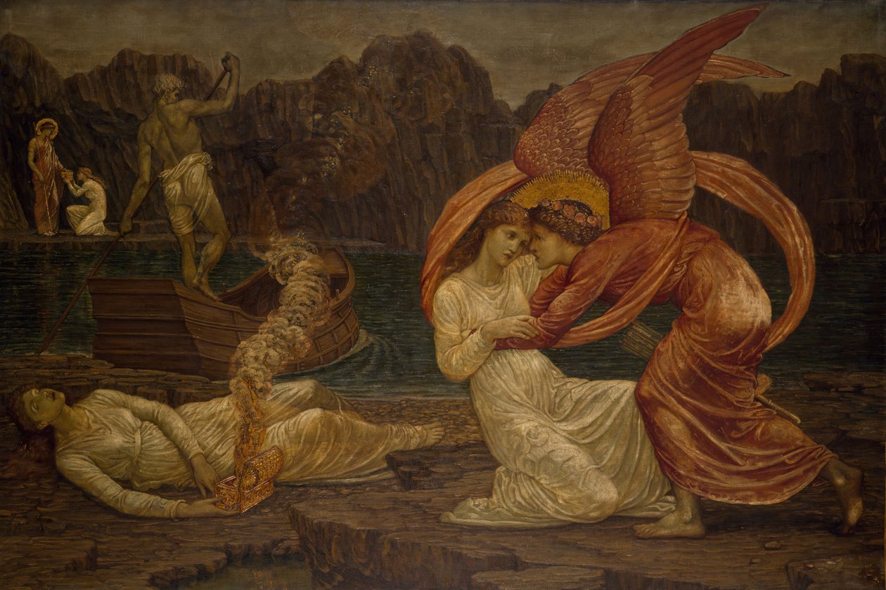 Cupido y Psique - Murales de Palace Green - Psique recibiendo el cofre de Proserpina, 1881 de Sir Edward Coley Burne Jones