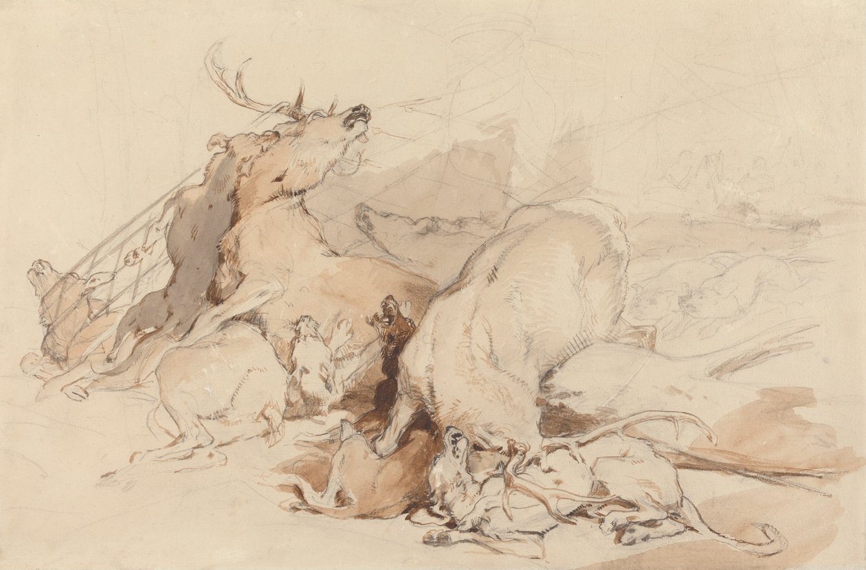 Sabuesos y cazadores atacando ciervos de Sir Edwin Henry Landseer