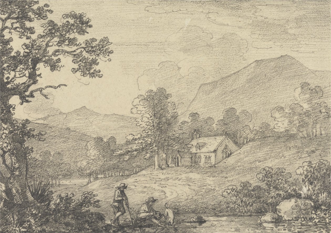Dos figuras junto a un estanque y una iglesia en un paisaje de colinas de Sir George Howland Beaumont seventh Baronet