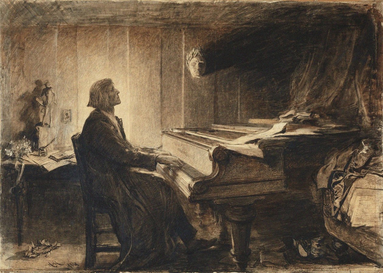 Franz Liszt en un piano, 1904 de Sir Hubert von Herkomer