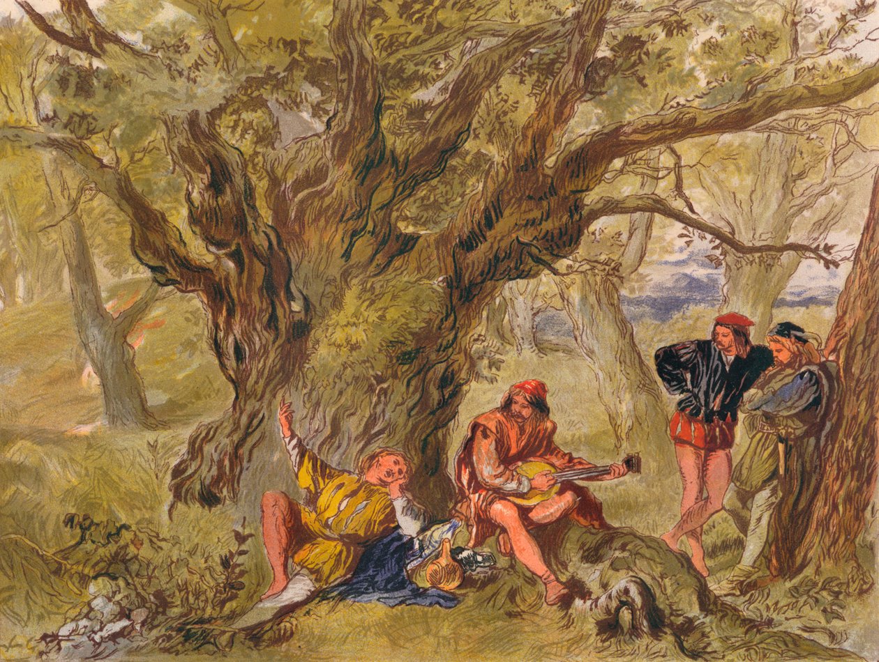 Como gustéis: Acto II, Escena V. Bajo el árbol verde, cantado por Amiens, c. 1875 de Sir John Gilbert