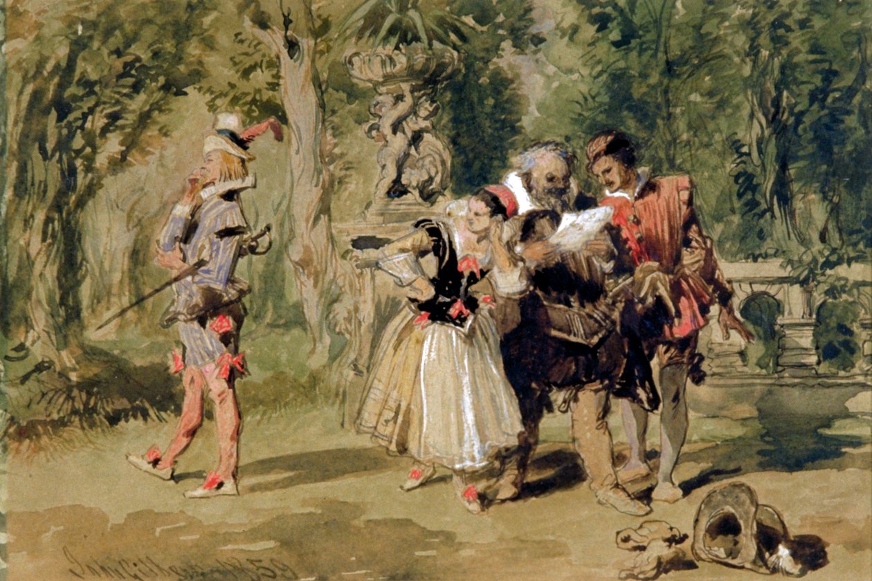 Sir Andrew Aguecheek escribe un desafío, 1859 de Sir John Gilbert