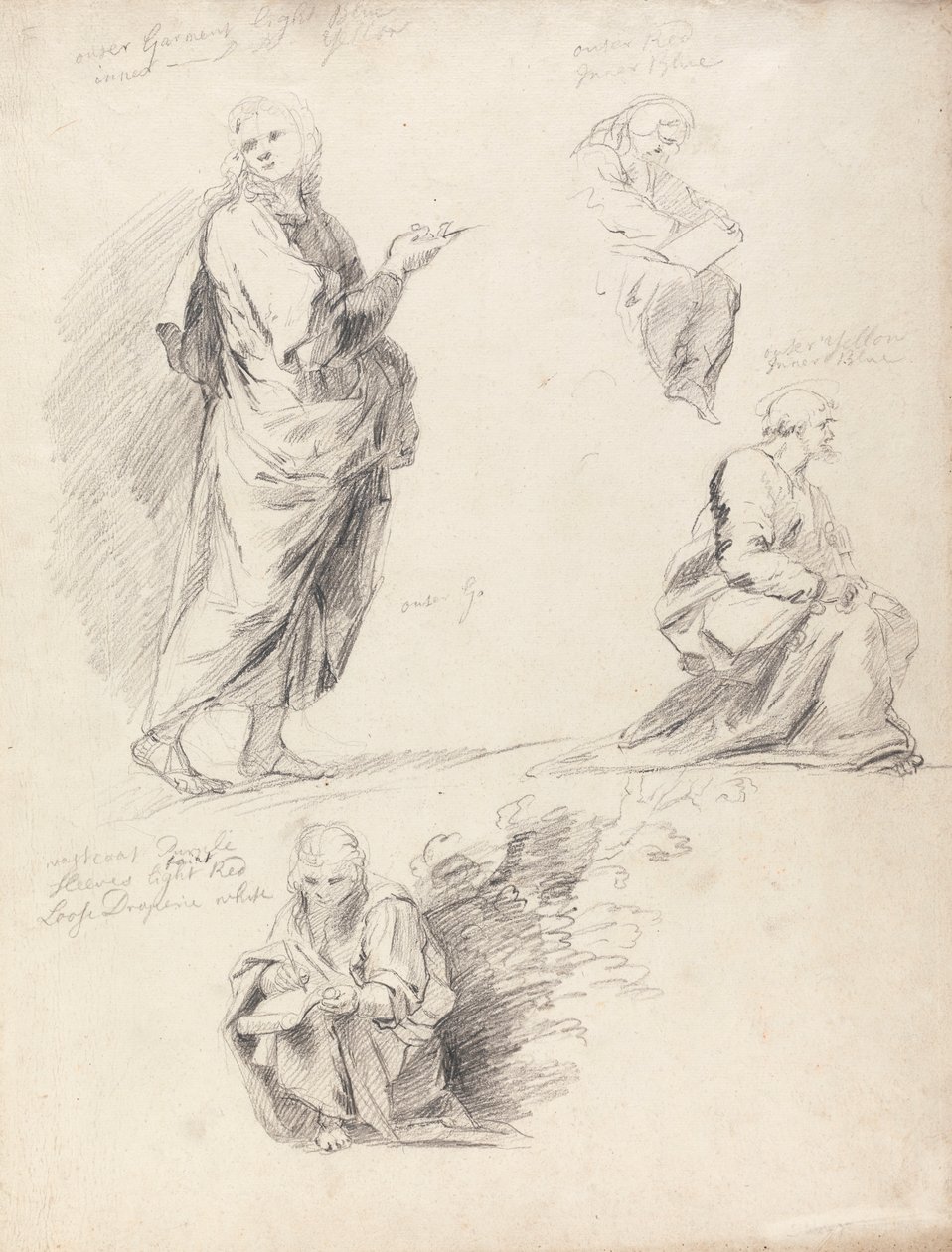 Hoja de estudios de figuras de la Disputación de Rafael (con hoja aparte con inscripción) de Sir Joshua Reynolds