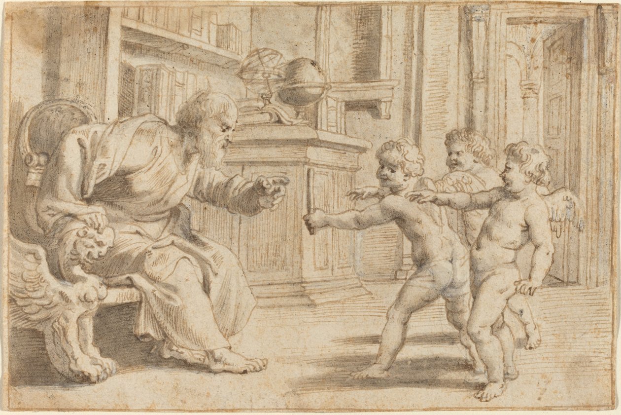 Putti probando la percepción de profundidad de un hombre de Sir Peter Paul Rubens