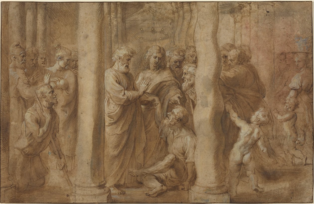 El milagro del hombre cojo sanado por San Pedro y San Juan de Sir Peter Paul Rubens over Anonymous Italian after Parmigianino after Raphael