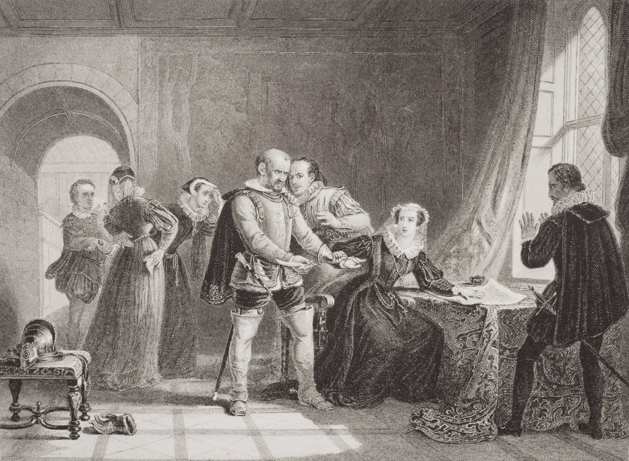 María Reina de Escocia (1542-87) obligada a firmar su abdicación en el Castillo de Lochleven en 1567, de 