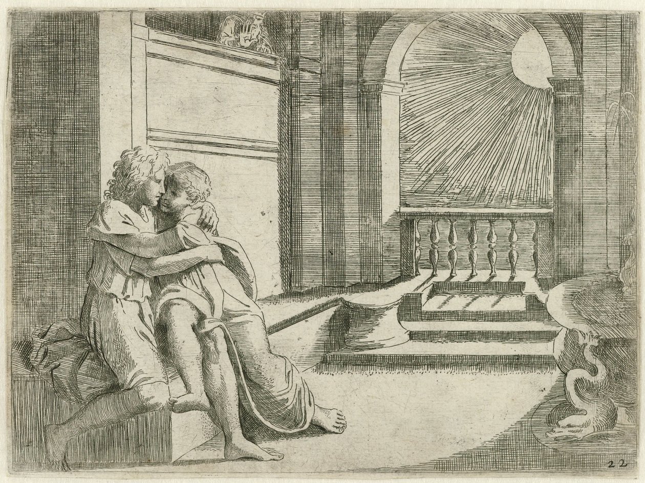 Abimelec ziet Isaak Rebekka liefkozen Bijbelse scènes (título de la serie) Historia del Testamento Vecchio / Pintado en Roma en el Vaticano por Raffaelle di Urbin (...) (título de la serie) de Sisto Badalocchio