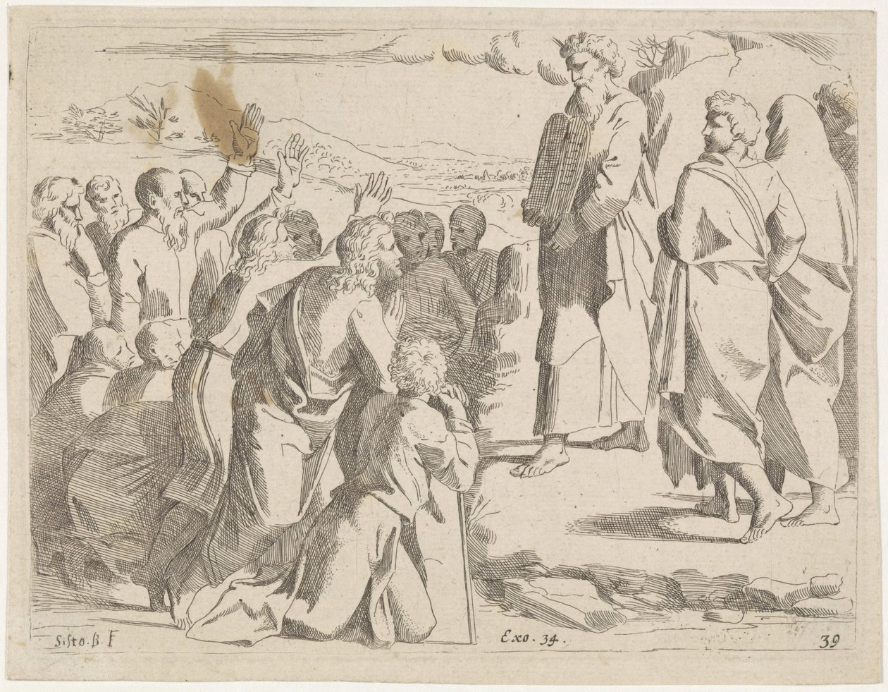 Moisés muestra las tablas de la ley al pueblo Escenas bíblicas (título de serie) Historia del Testamento Vecchio / Dipinta in Roma nel Vaticano da Raffaelle di Urbino (...) (título de serie) de Sisto Badalocchio