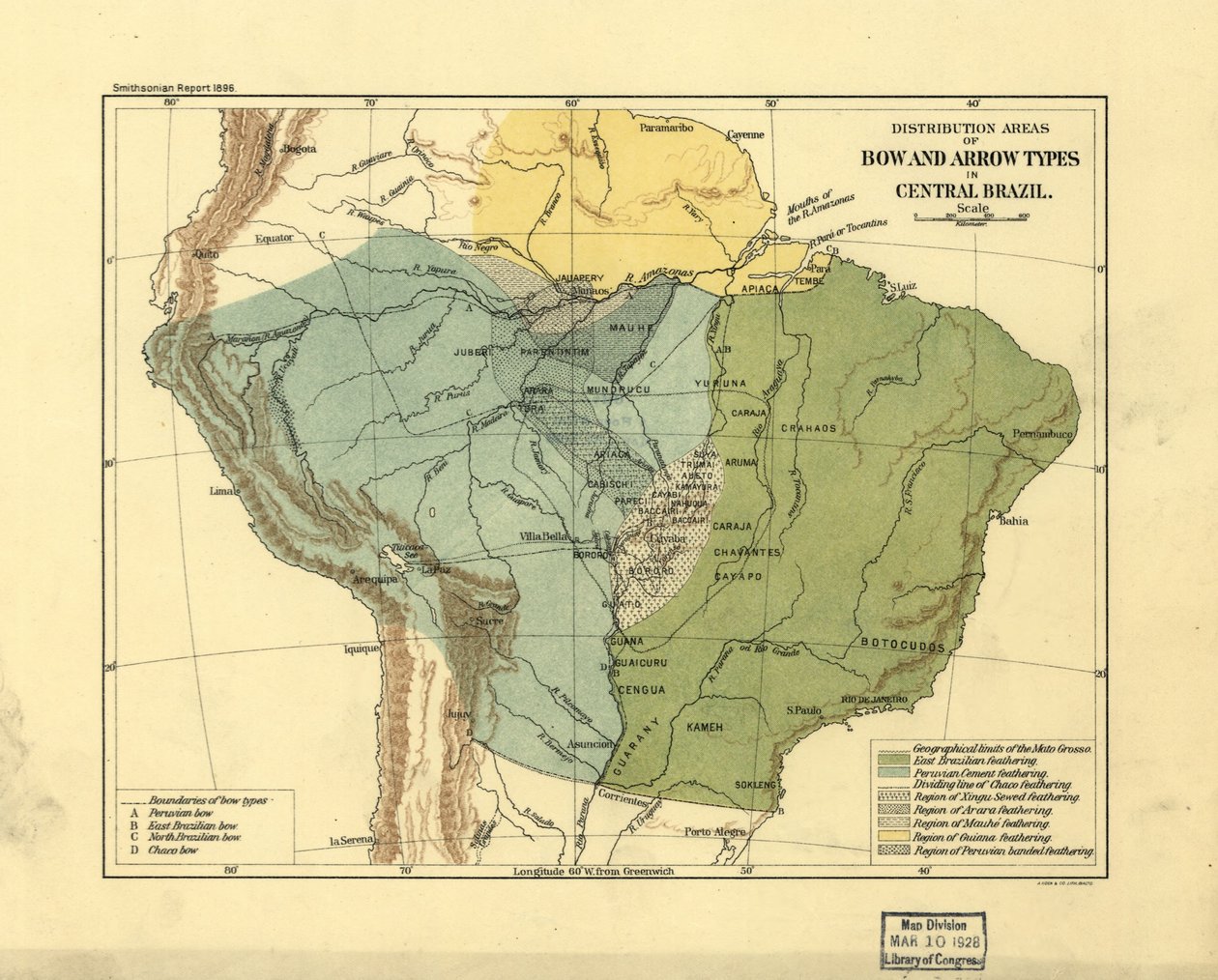 Áreas de distribución de los tipos de arco y flecha en Brasil central. LOC 2003627075 de Smithsonian Institution