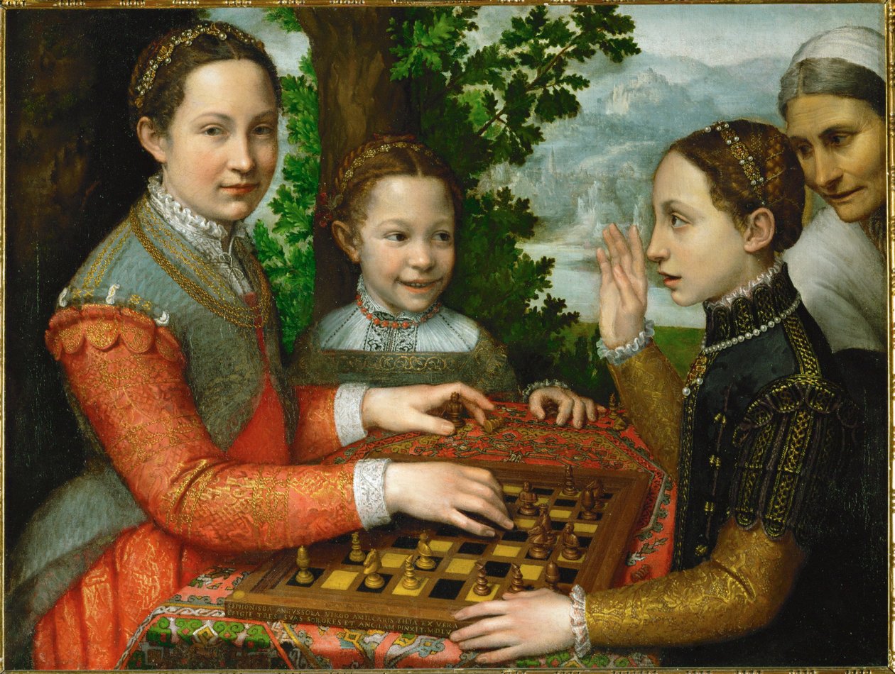 Una partida de ajedrez en la que participan las tres hermanas del pintor y un criado. de Sofonisba Anguissola