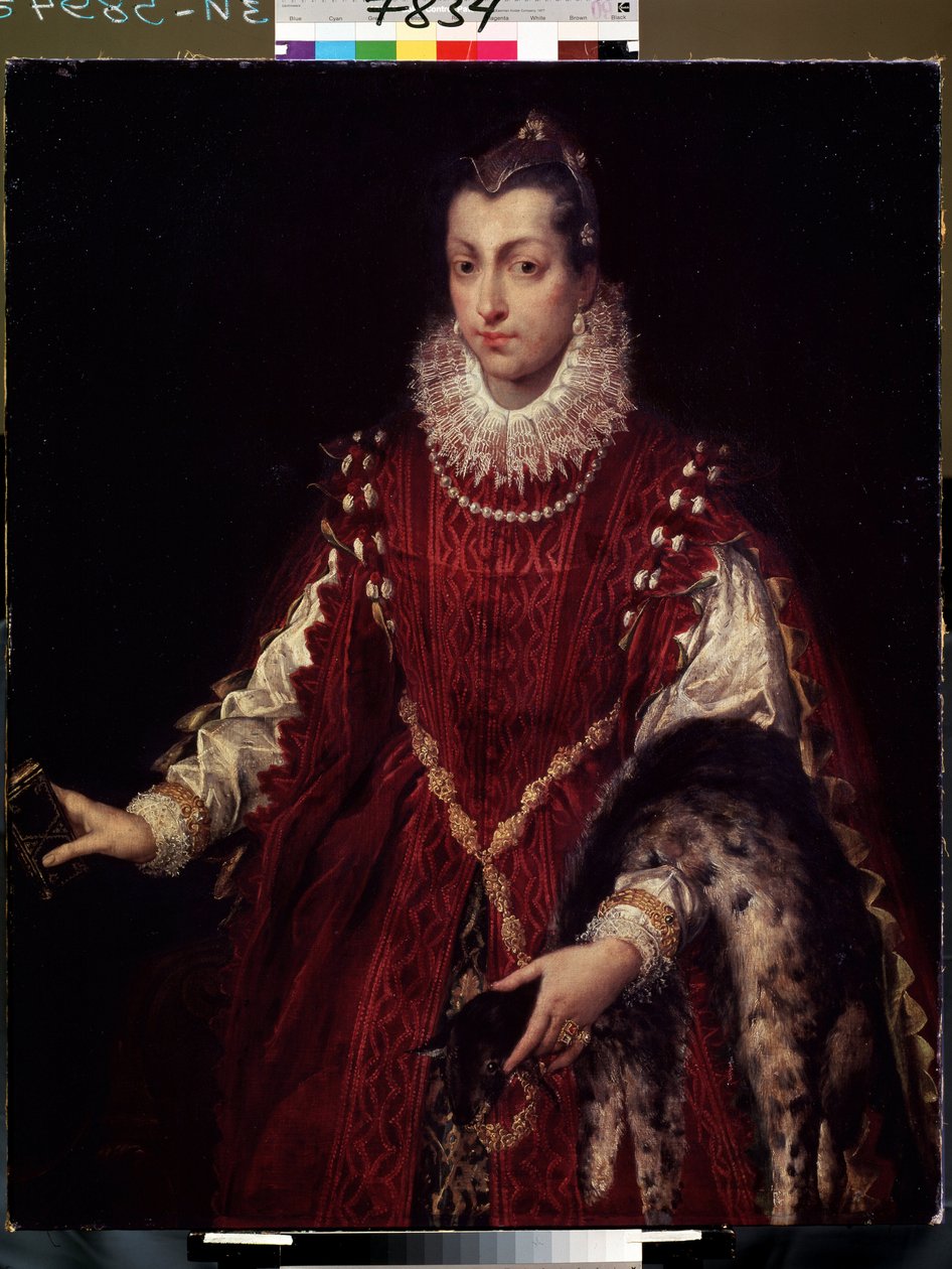 ""Retrato de un patricio, miembro de una familia rica en la Italia medieval"" (Retrato de un patricio) Mujer joven ricamente vestida, piel en el brazo, cuello de encaje y vestido de terciopelo. Pintura de Sofonisba Anguissola (1532-1625) 1558 Lviv, Museo d de Sofonisba Anguissola