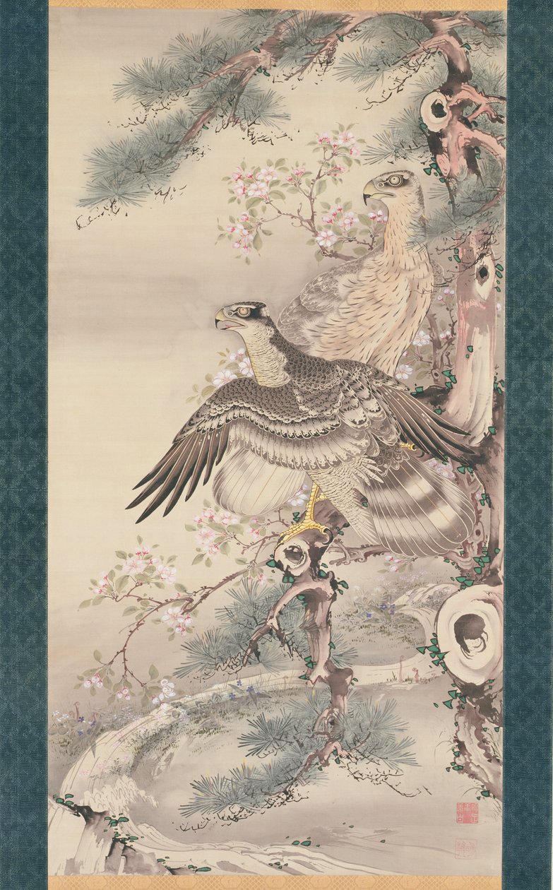 Pareja de halcones con rama y flores (tinta, color y oro sobre seda) de Soga Shohaku