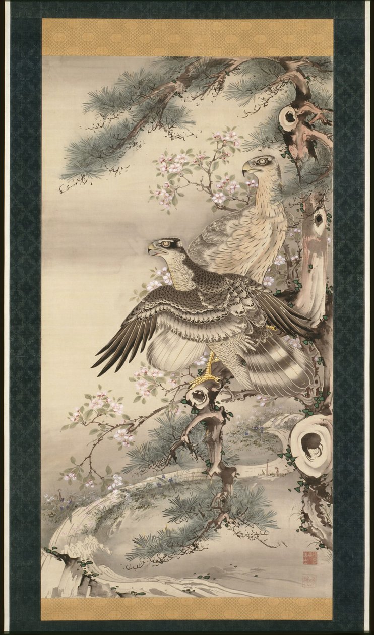 Par de halcones con rama y flores de Soga Shohaku
