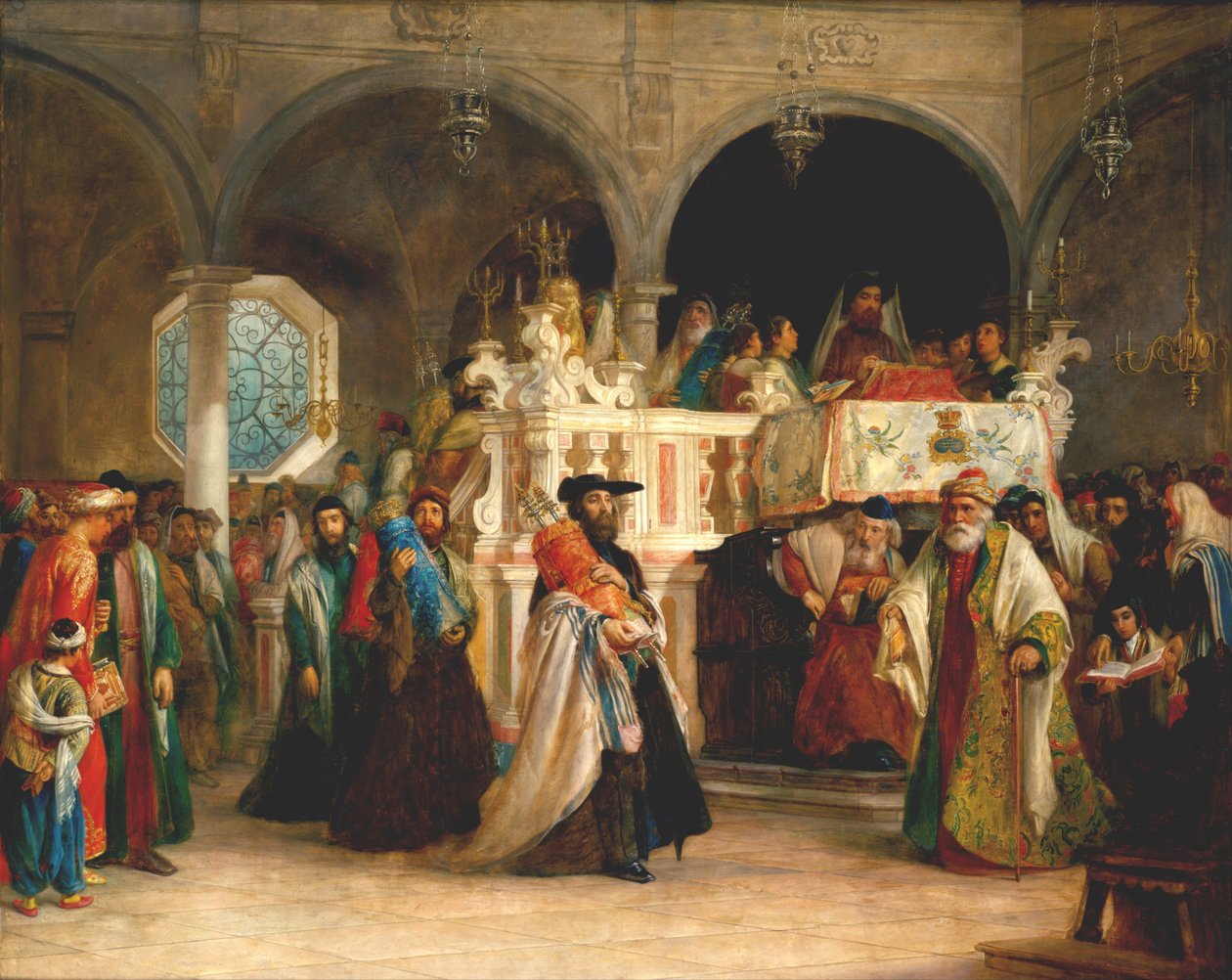 La Fiesta del Regocijo de la Torá en la Sinagoga de Livorno, Italia, 1850 de Solomon Alexander Hart