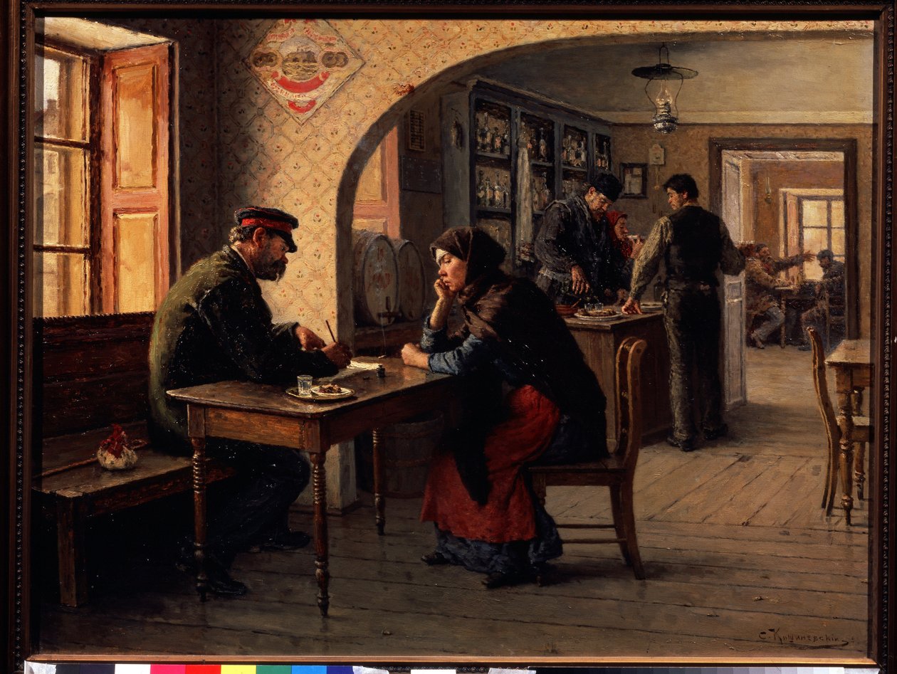Una petición. En un café, una mujer habla con un soldado del Ejército Rojo que le rellena un formulario. Detrás de ellos, el bullicio ordinario de una cafetería. Pintura de Solomon Yakovlevich Kishinevsky (Kishinevsky) (1863-1941), óleo de Solomon Yakovlevich Kishinevsky