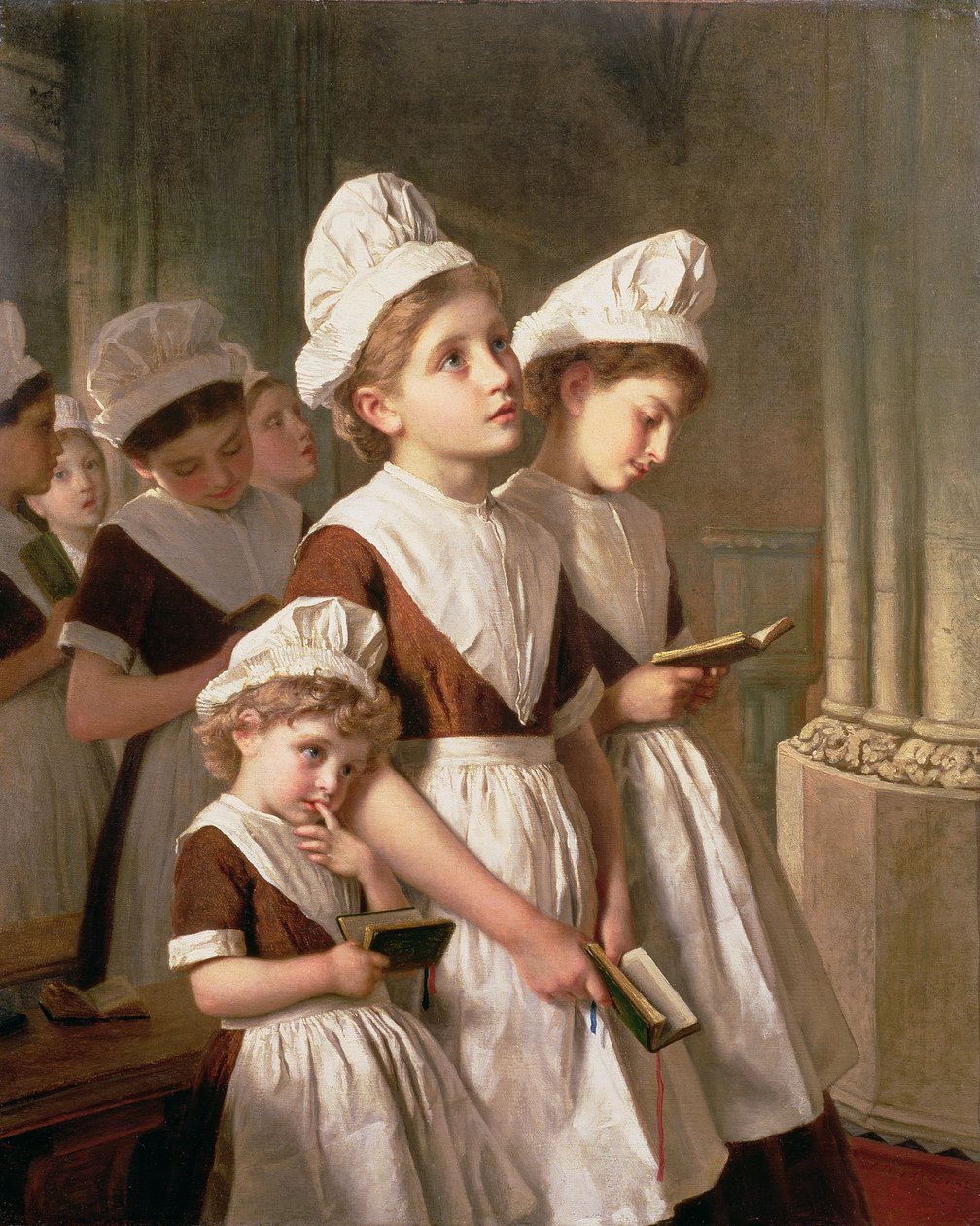 Niñas del orfanato rezando en la capilla, c.1877 de Sophie Gengembre Anderson