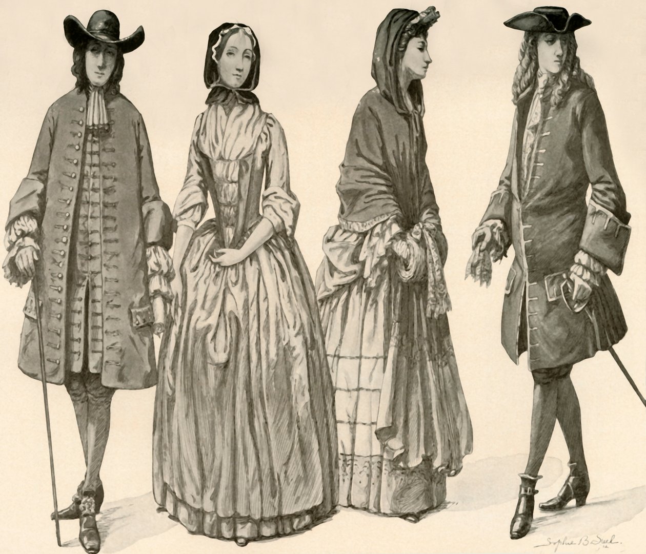Vestimenta durante los reinados de Carlos II, Jacobo II, Guillermo y María 1682-1700, 1903, 1937 de Sophie B. Steel