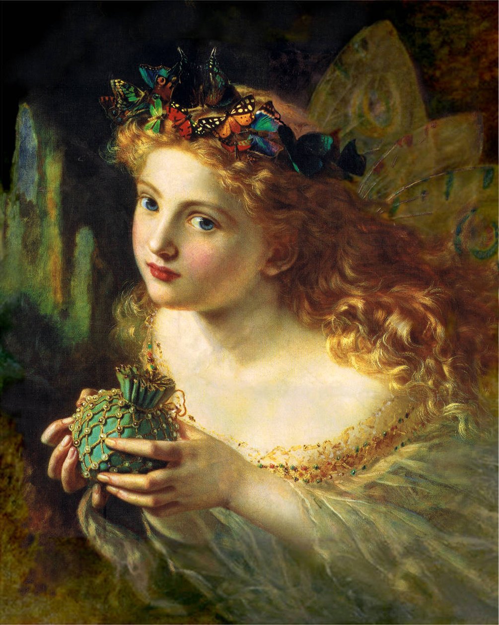 Coge el bello rostro de una mujer y suspéndelo suavemente, con mariposas, flores y joyas, para que tu hada esté hecha de las cosas más bellas. de Sophie Gengembre Anderson