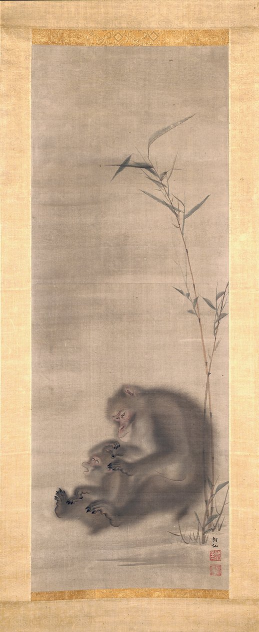 Monkey Grooming Offspring Near Bamboo (tinta y color sobre seda) de Sosen Mori