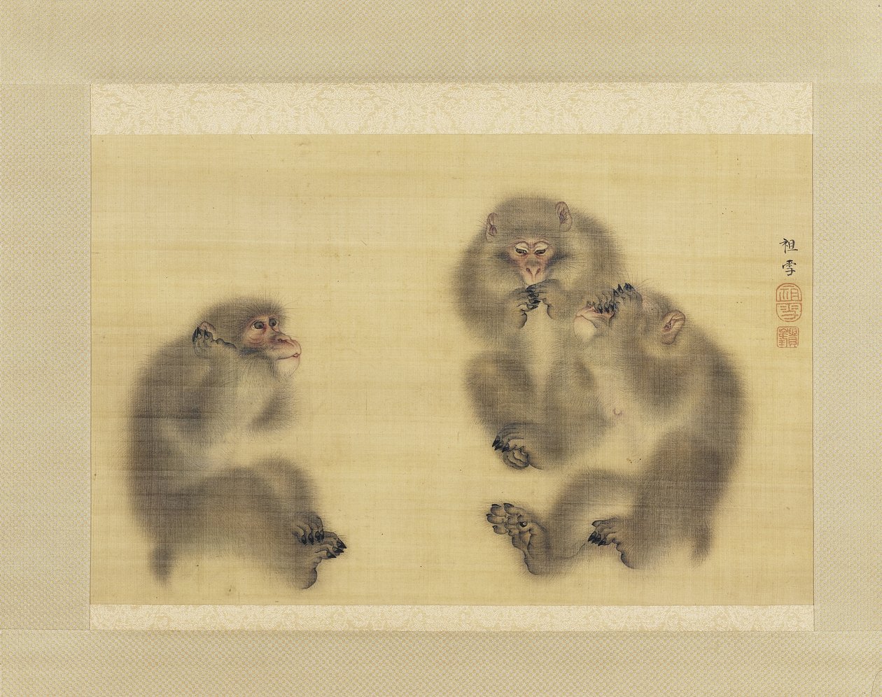 Monos: Hear No Evil, See No Evil, Speak No Evil, c.1820 (tinta y color sobre seda) de Sosetsu Mori
