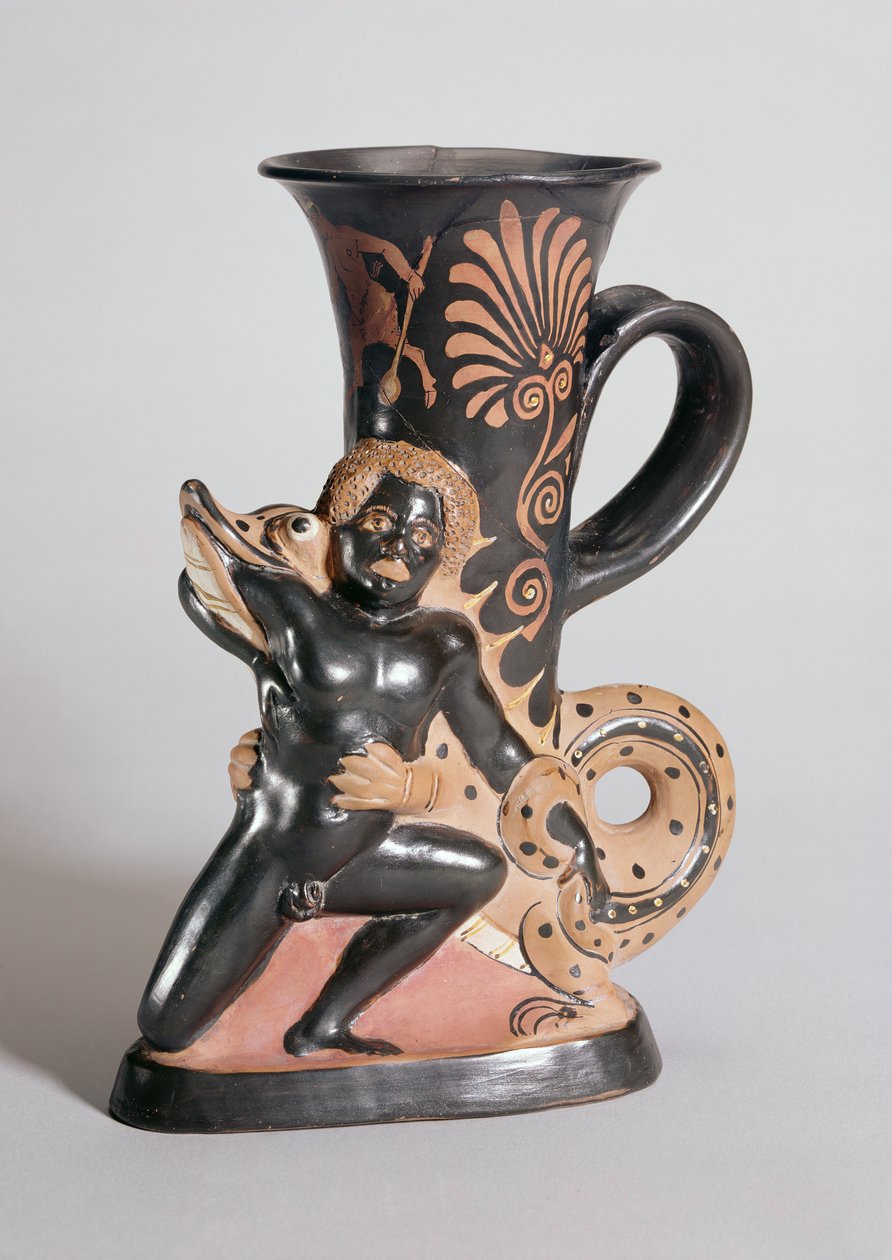 Rhyton en forma de cuerno de figura roja que representa un cocodrilo atacando a un nubio, griego, c.350 a.C. de Sotades