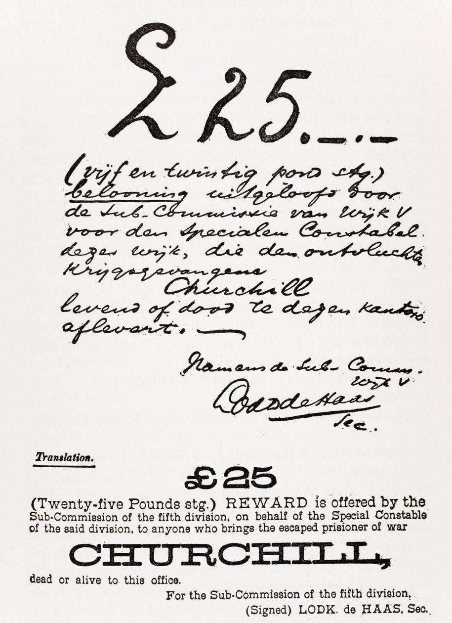 Cartel de búsqueda para el prisionero de guerra escapado Churchill, de 