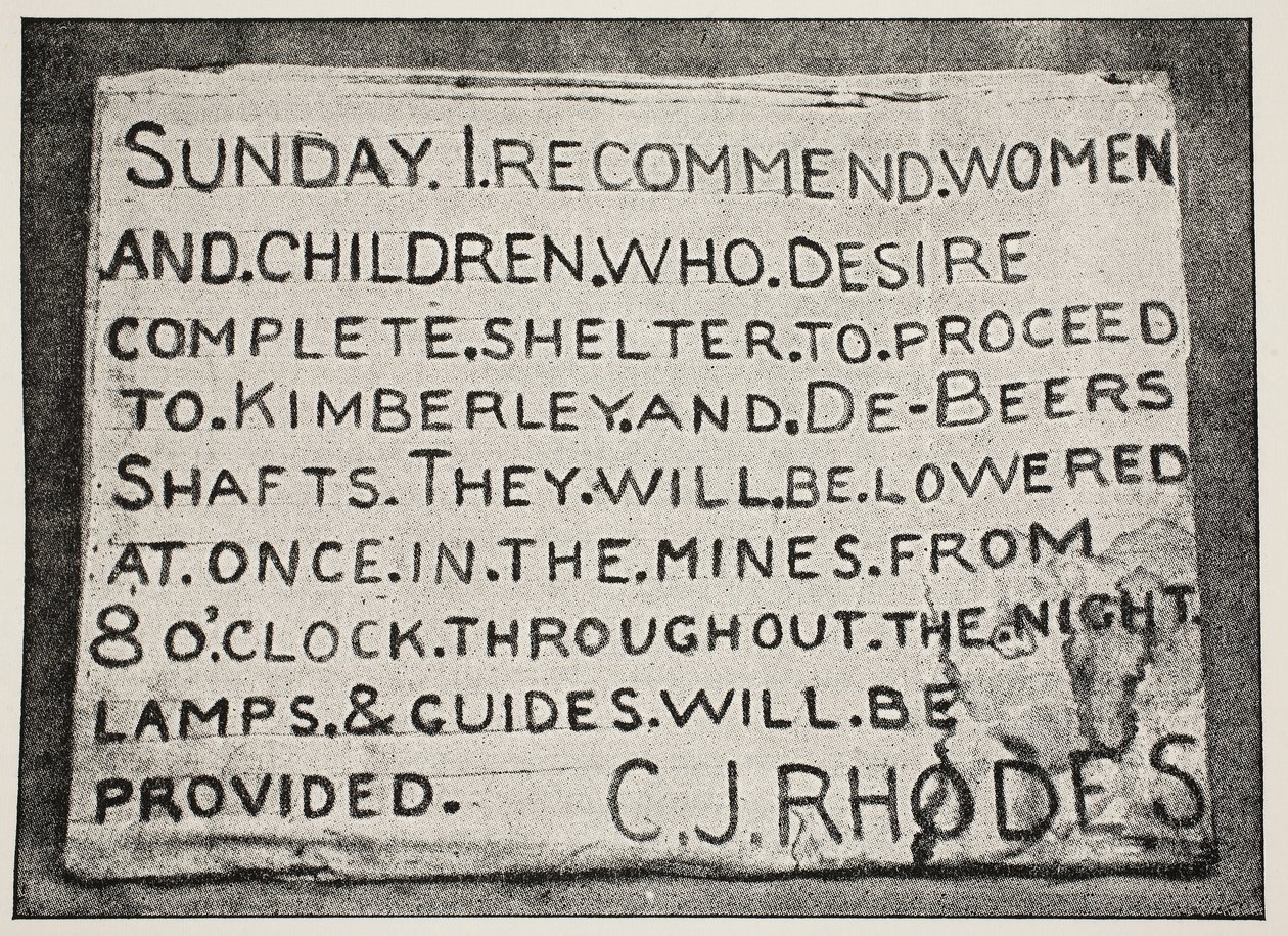 Cartel erigido por el Sr. Rhodes, fotografía atribuida a F.H. Hancox, Kimberley de South African Photographer