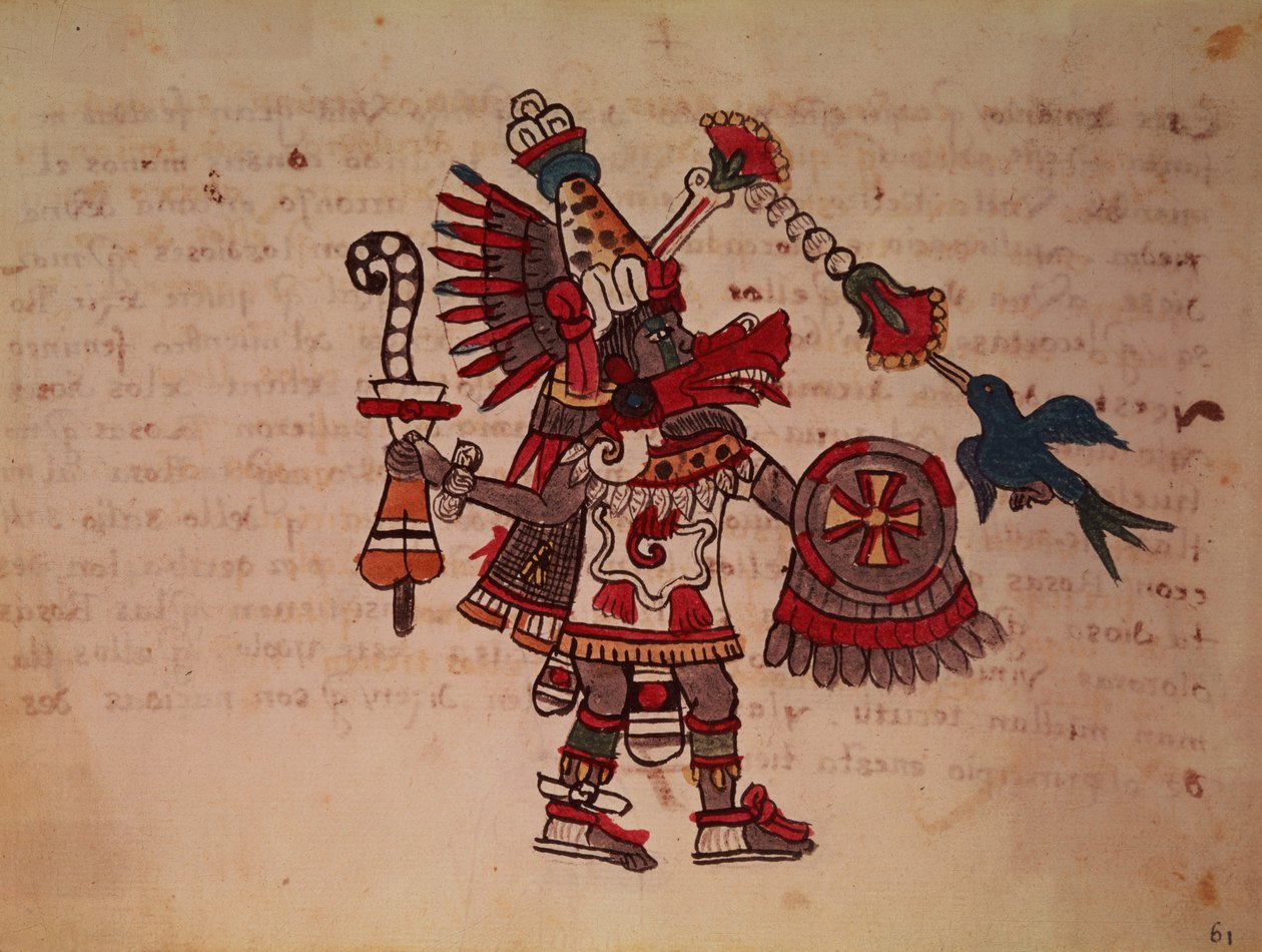 Quetzalcoatl, la serpiente emplumada, dios del viento, del aprendizaje y del sacerdocio, maestro de la vida, creador y civilizador, patrón de todas las artes e inventor de la metalurgia (vitela) de South American School