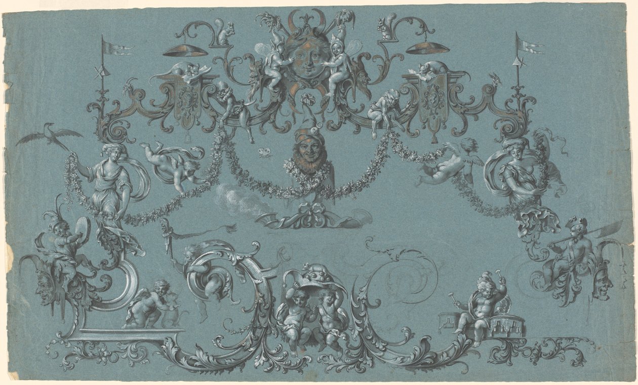 Arabescos con Putti Juguetones, Animales y Bufones de South German 18th Century