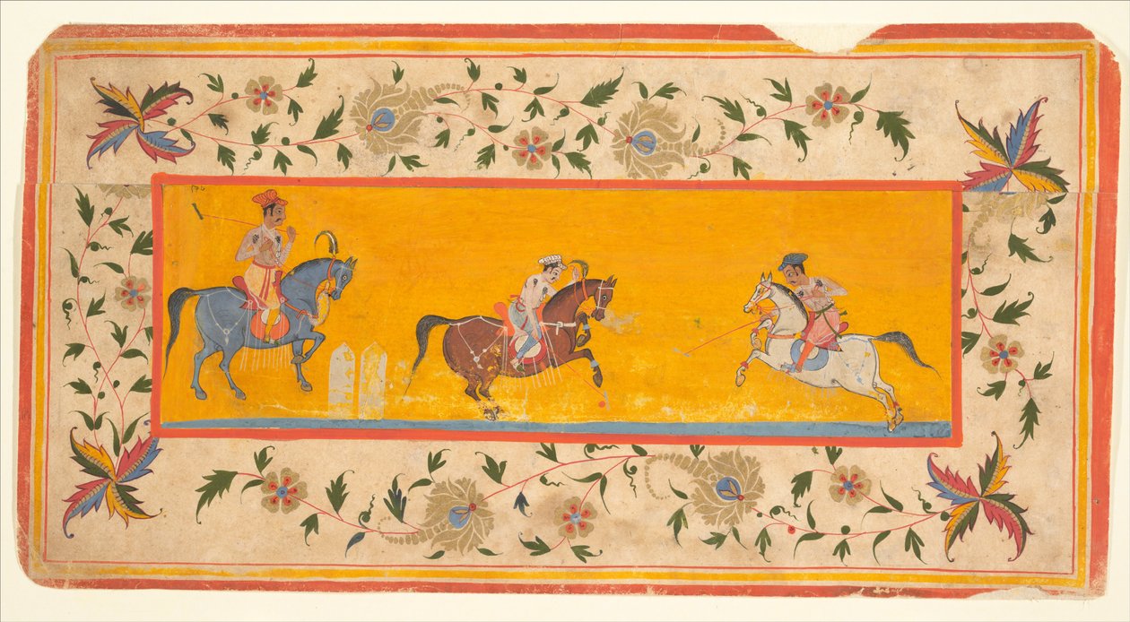 Tres jugadores de polo, c.1600-25 (tinta y acuarela sobre papel) de South Indian School