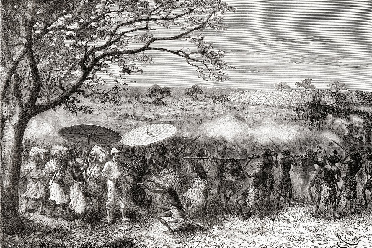 Una tribu congoleña acompaña al explorador Pietro Paolo Savorgnan di Brazza y su expedición a su aldea, de 