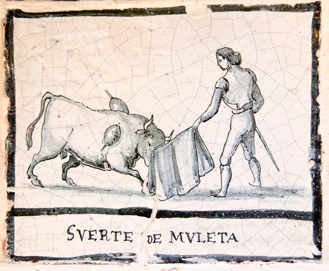 Escena de corrida de toros en un azulejo antiguo - La Etapa de la Muleta de Spanish School