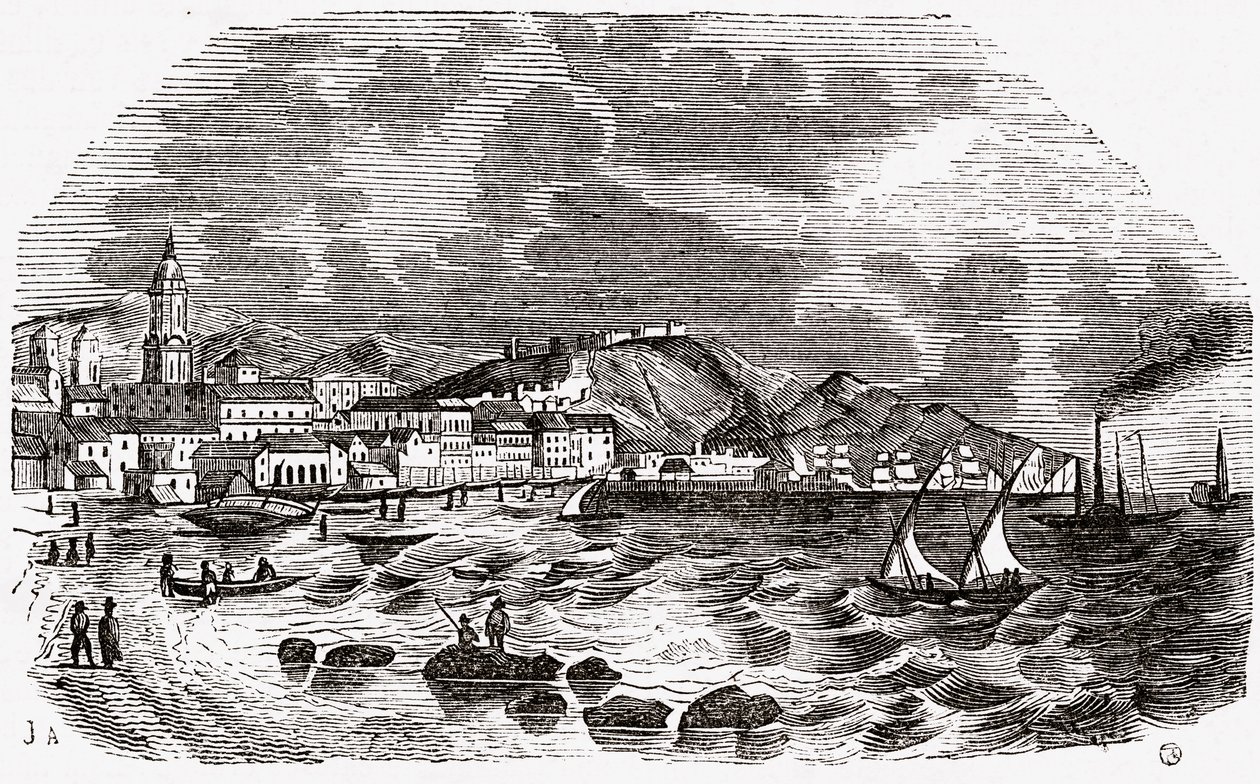 Ciudad y puerto de Málaga, España, mediados de 1800 de Spanish School