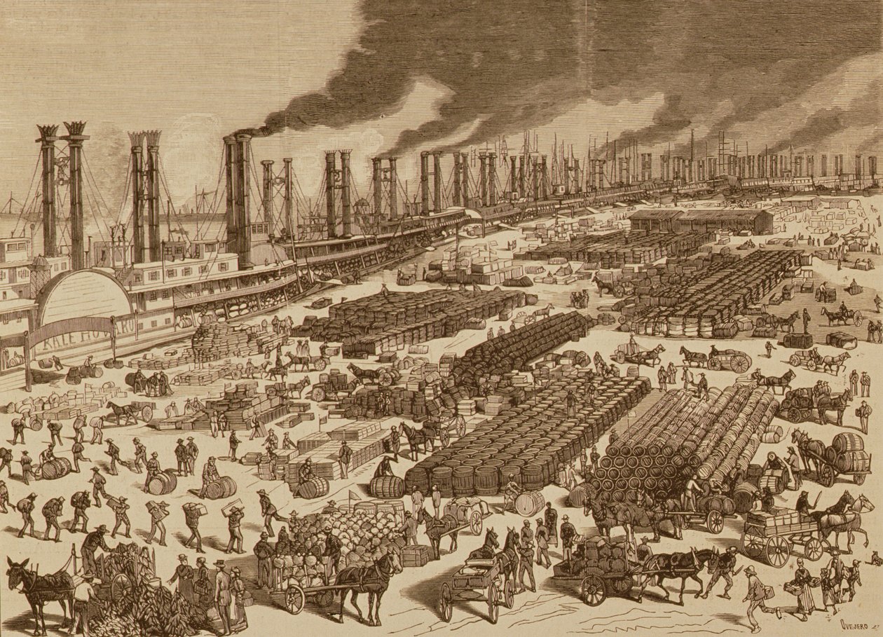 Actividad Comercial y Vista del Muelle en Nueva Orleans en 1880 de Spanish School