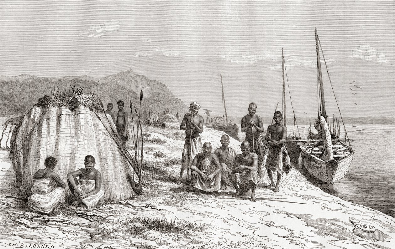Tribus congoleñas junto a sus botes en el río Congo en el siglo XIX, de 