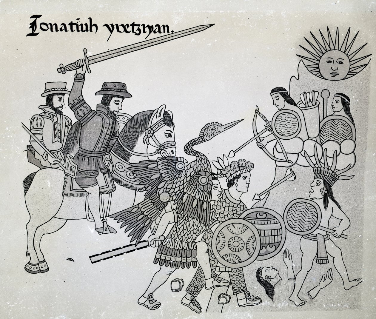 Lucha entre los españoles y los aztecas, lámina de 