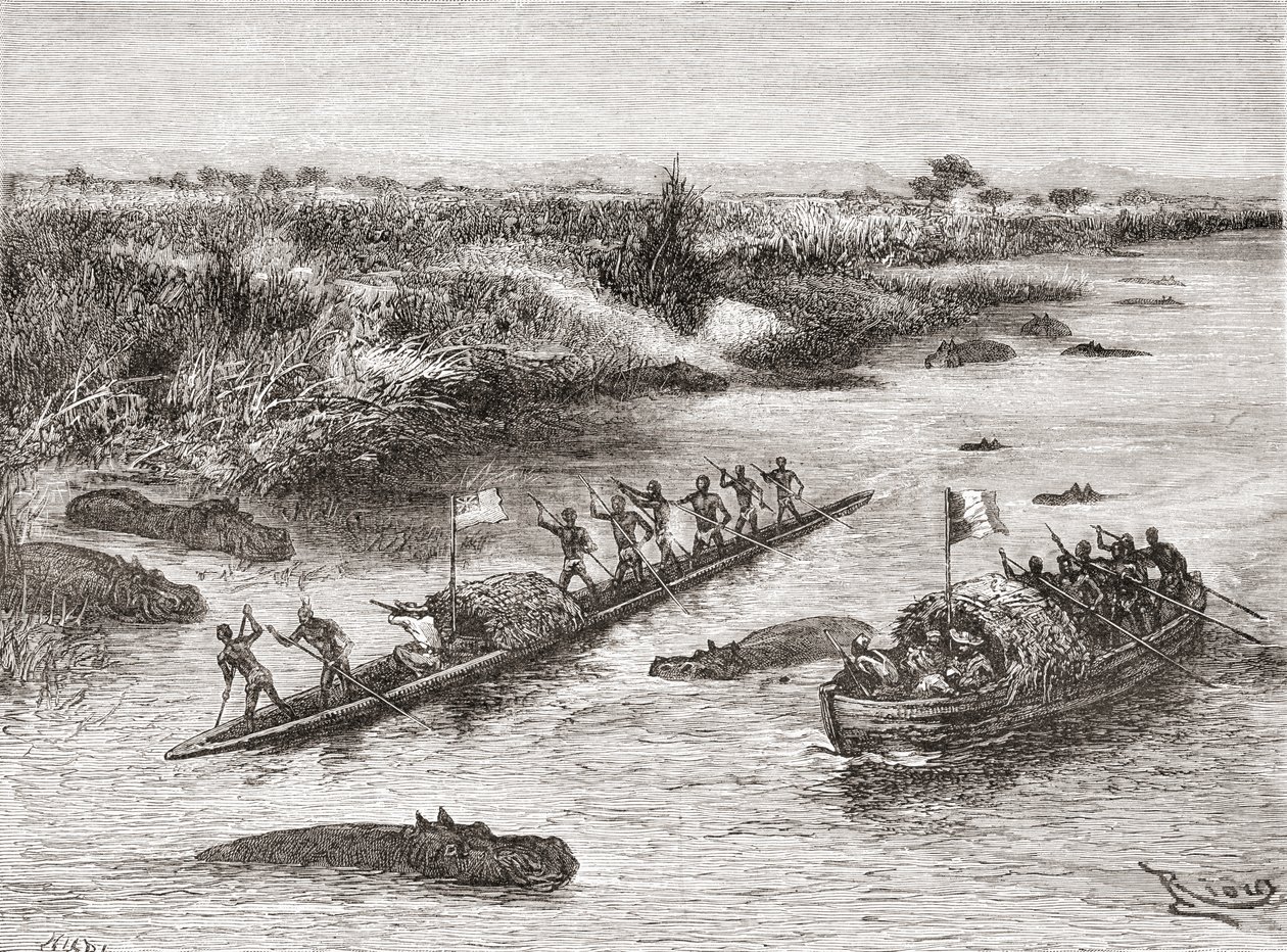 Exploradores franceses y británicos cazando hipopótamos en el río Congo en el siglo XIX de Spanish School