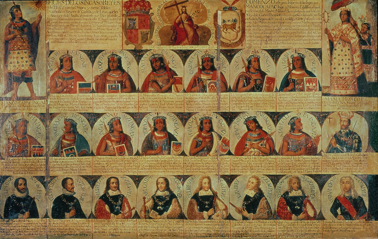 Genealogía de los gobernantes incas y sus sucesores españoles desde Manco Capac, el primer rey inca, hasta Fernando VI de España, c.1750 de Spanish School