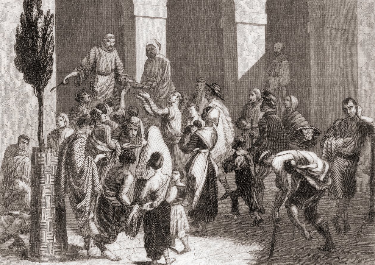 Repartiendo sopa a los pobres del Convento de Santa Madrona, Barcelona, España de Spanish School