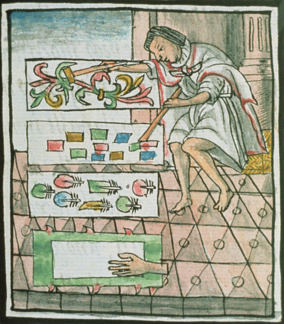 Ms Palat. 218-220 Libro IX Artesano de plumas azteca diseñando y cortando patrones, del 