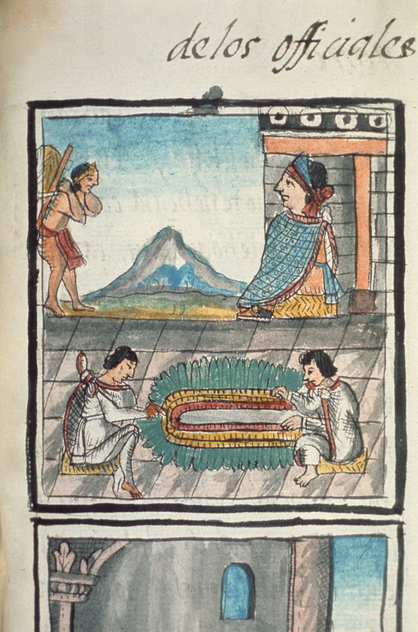 Ms Palat. 218-220 Libro IX Artesanos del Palacio del gobierno azteca haciendo penachos de plumas, de una cuenta de artesanías aztecas en el centro de México escrita e ilustrada por Bernardino de Sahagún, español de Spanish School