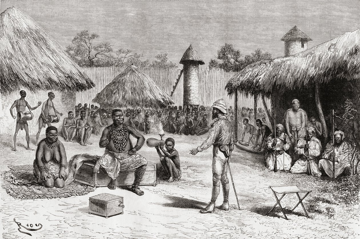 Recepción para el explorador Pietro Paolo Savorgnan di Brazza en la casa del jefe Ketimkuru, Uemba, África Central, de 