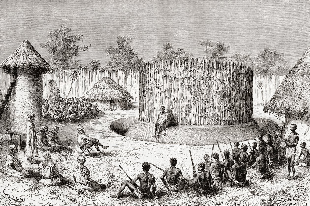 Recepción para el explorador Pietro Paolo Savorgnan di Brazza en el pueblo del jefe Mkewe, Tanzania, de 