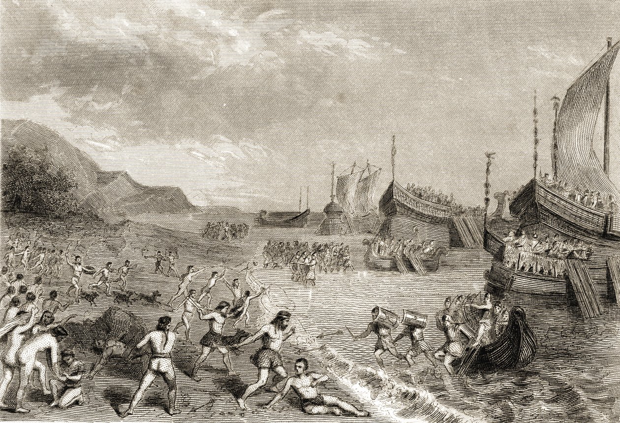 Los romanos desembarcando en la isla de Mallorca en 123 a.C. de Spanish School