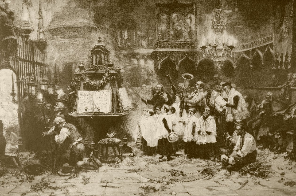 La misa mayor, después de una pintura de J. Benlliure, grabado por M. Weber, de 