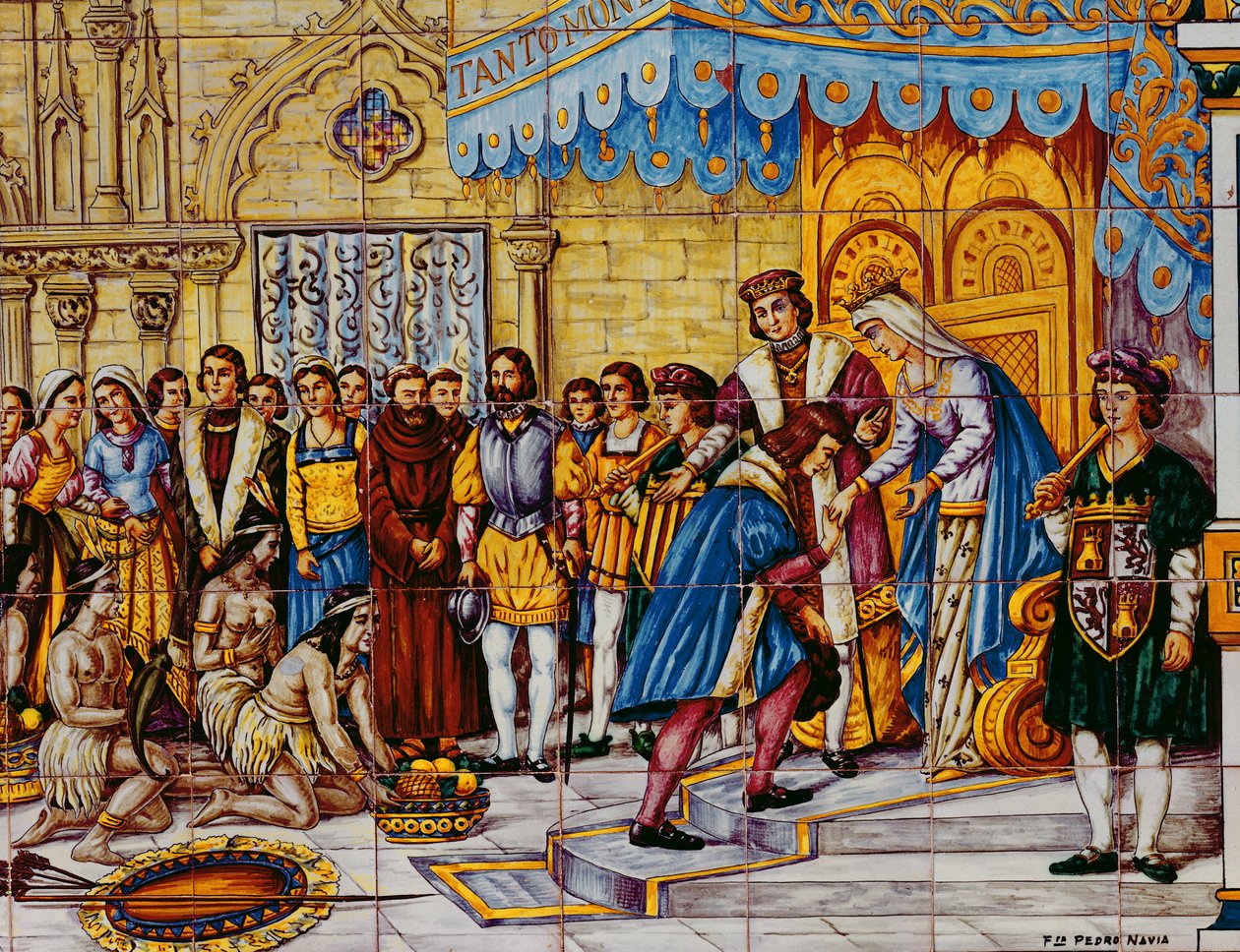 Azulejos que representan la recepción de Cristóbal Colón por los Reyes Católicos, Fernando de Aragón e Isabel de Castilla en Barcelona a su regreso de América en 1492 de Spanish School