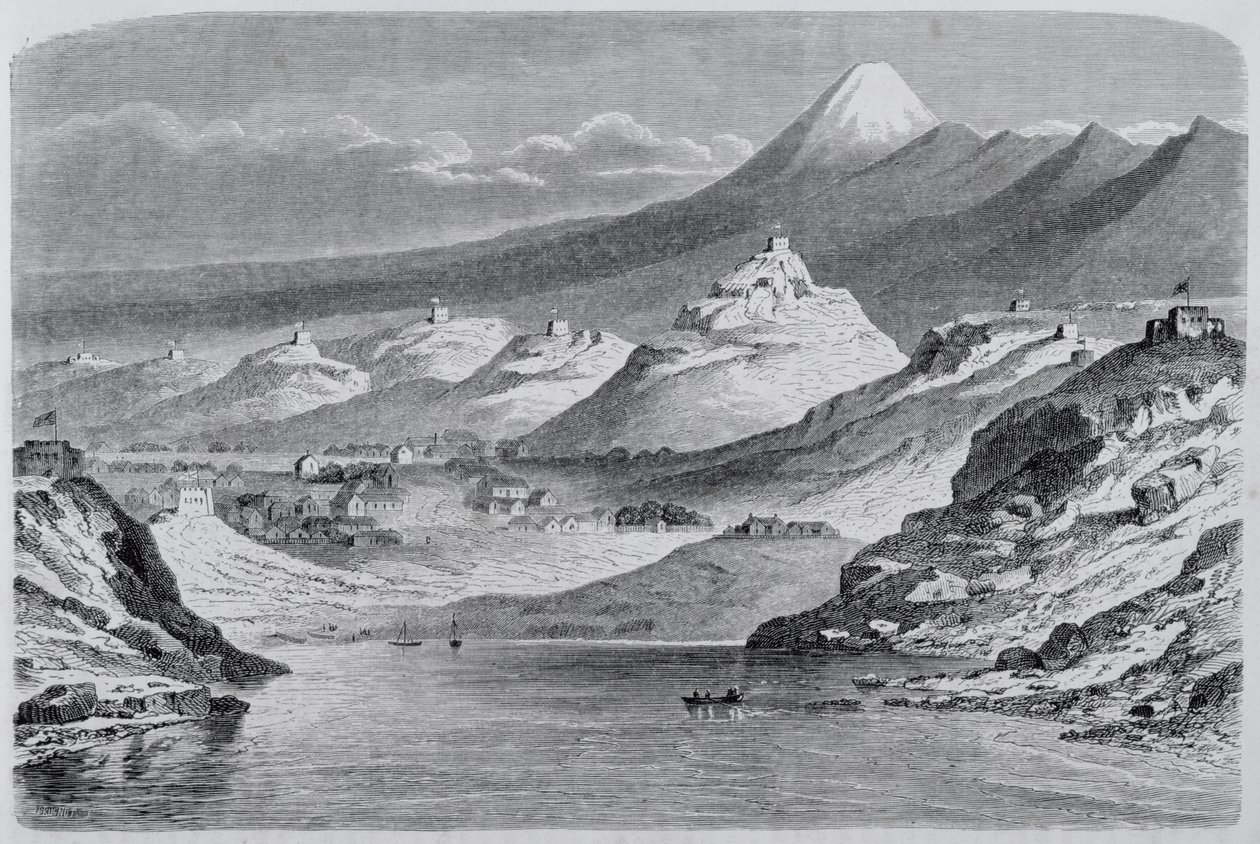 Vista de New Plymouth y el Monte Egmont, ilustración de El regreso al mundo, 1865 de Spanish School