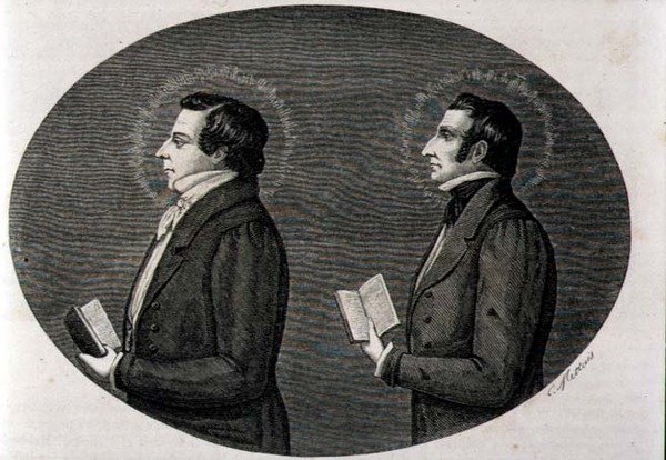 (Izq a Der) Joseph Smith, fundador de la Iglesia Mormona, y su hermano Hyrum, de 